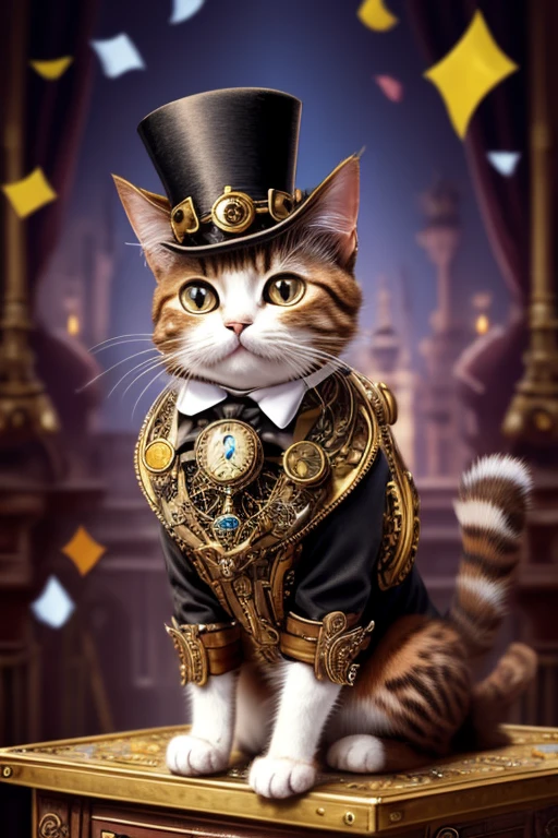 Cat with a top-hat, Victorian era charm, steampunk style clothing, sitting on a podium next to a microphone ,name is Sir Meowsalot, confetti in air