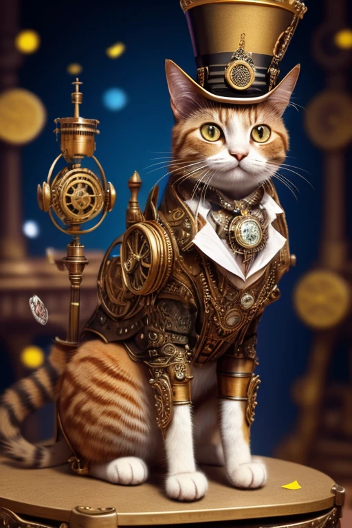 Cat with a top-hat, Victorian era charm, steampunk style clothing, sitting on a podium next to a microphone ,name is Sir Meowsalot, confetti in air