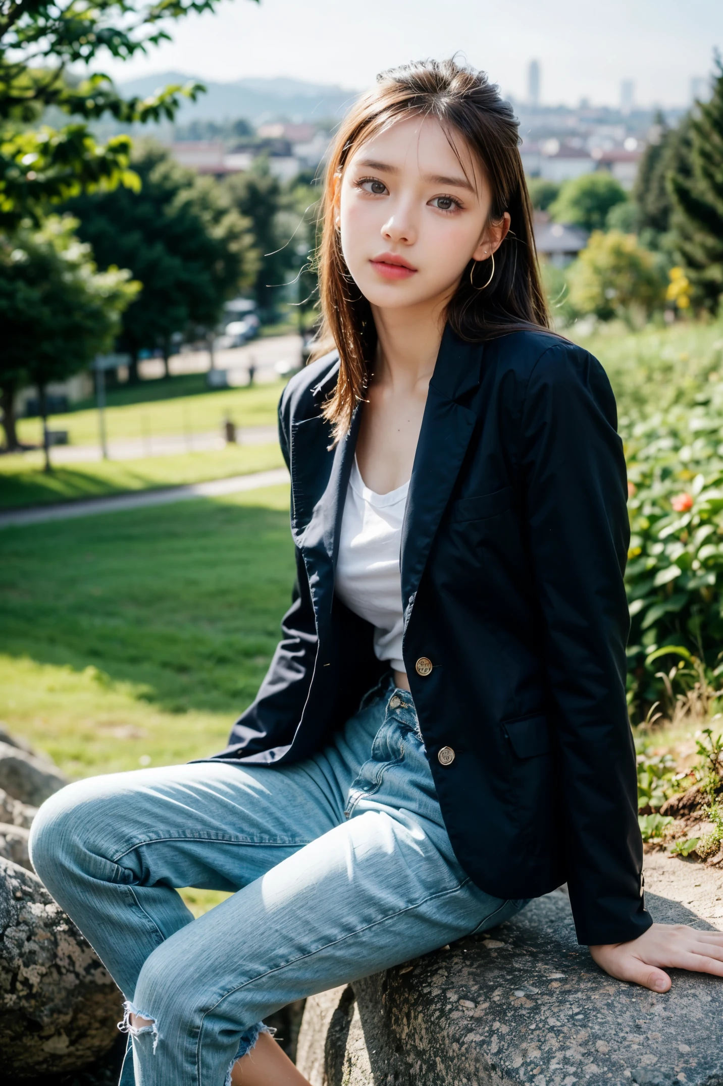 Half-length photo of 18-year-old beauty, extremely detailed eyes, pretty face, Delicate natural skin and pores, sitting cross-legged on a rock, Looks calm., oversized suit jacket, skinny jeans, loafers, shoulder bags, earrings, (commend, Bokeh), By Marta Bevacqua, prime time, Cinema lighting, (Haze filter, film grain:1.2)