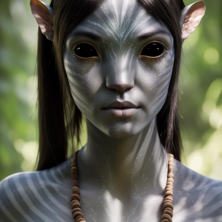 avtr:0.9, avatar style, portrait photo:1.6, 1girl:1, female, (asian, japanese), Rina Fukushi:1, gray skin color:1.0, (gray skin tone:1.3), (short hair:1.0), black hair color, (teen), teenage, wearing tribal clothing, wearing a top:1.3, wearing a loincloth, detailed eyes, toned body, muscled body, glowing, ethereal atmosphere, natural lighting, textured skin, otherworldly beauty, mesmerizing photography, (best quality, highres), vivid colors, ultrarealistic, skin details, striped skin, sfw, face close-up, (eyebrowless:1.0), ultradetailed body