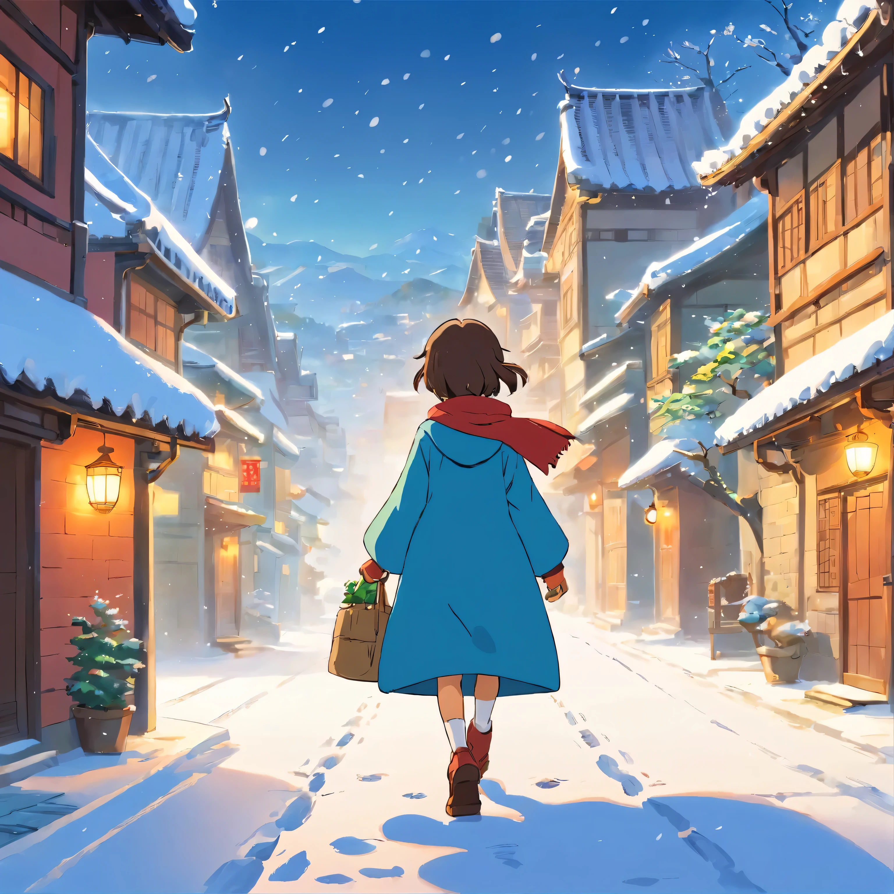 Draw a person walking in the snow, Inspired by Huang Binhong, korean artist, Inspired by Kim Hong-do, author:Yi Renwen, inspired by Yeong-Hao Han, Inspired by Wang Yuanqi, snow scene, author:Shen Shizhen, Inspired by Lu Zhi, Inspired by Yoshihiko Wada