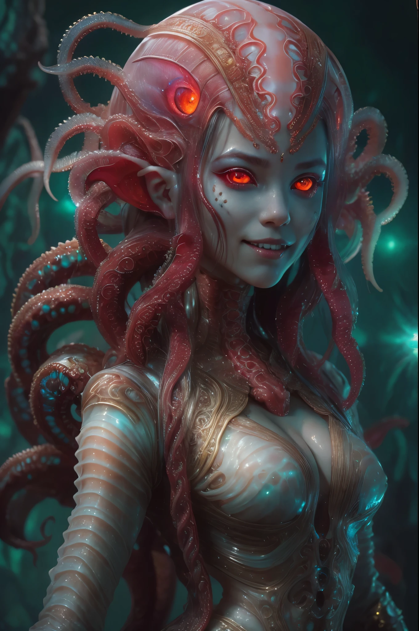 scary and sexy detailed art in color, Portrait, (beautiful and obscene female alien:1.4), (vulgarity1.5), (she has glowing red eyes with no pupils:1.8), (Translucent skin:1.7), ((There is a female genital-like organ in the middle of the forehead:1.9)), (The most beautiful face in the history of the universe:1.2),an evil gaze that seduces, (large mouth:1.1), (sharp teeth like a vampire:1.2), Full body portrait, (bio luminescent:1.5), (Smile wickedly:1.3), (sexypose:1.5), incredibly beautiful matured alien, (she has unparalleled beauty:1.5), No humans, cells are fused, (Lots of translucent tentacles:1.6) extraterrestrial, cell, bio image, best quality, 8K,In 4K_quality, High freshness, Dramatic Lighting, masterpiece:1.5, cinematic quality, detail up, (exquisite details:1.2), high resolution, High freshness, drawing faithfully, (Thick eyebrows:1.2), Beautiful eyes with fine symmetry, (Highly detailed face and eyes:1.2), (Super detailed skin quality feeling:1.1), perfect anatomy, (Beautiful toned body:1.5), (Moist skin:1.2), not wearing makeup, (dark circles:1.1), long canines, cinematic drawing of characters, ultra high quality model, cinematic quality, detail up, (exquisite details:1.2), high resolution, High freshness, drawing faithfully, official art, Unity 8K Wall , 8K Portrait, best quality, Very high resolution, ultra detailed artistic photography, midnight aura, unreal engine 5, Ultra Sharp Focus, art by Amano Yoshitaka, ArtGerm, Roisch, intricate artwork, best quality, masterpiece, ultra high resolution, (photos realistic:1.4), ultra realistic realism, dream-like, nautilus, Creation of fantasy, Snail, Dream Snail, (biopunk nautilus:1.3),Thrilling color schemes, ultra realistic realism, seductively smiling, (white tentacles with stripes:1.2), subtle emerald green accents, (expression of ecstasy:1.6) , in the dark, she has snake-like eyes