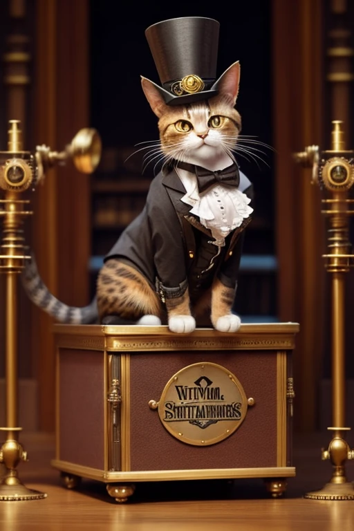 Cat with a top-hat, Victorian era charm, steampunk style clothing, sitting on a podium next to a microphone ready to give a speech, name is Sir Meowsalot, confetti in air