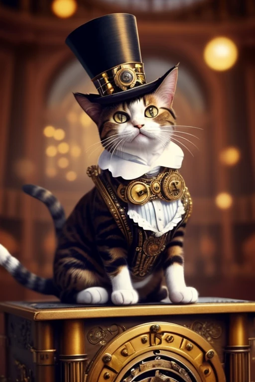 Cat with a top-hat, Victorian era charm, steampunk style clothing, sitting on a podium next to a microphone ready to give a speech, name is Sir Meowsalot, confetti in air