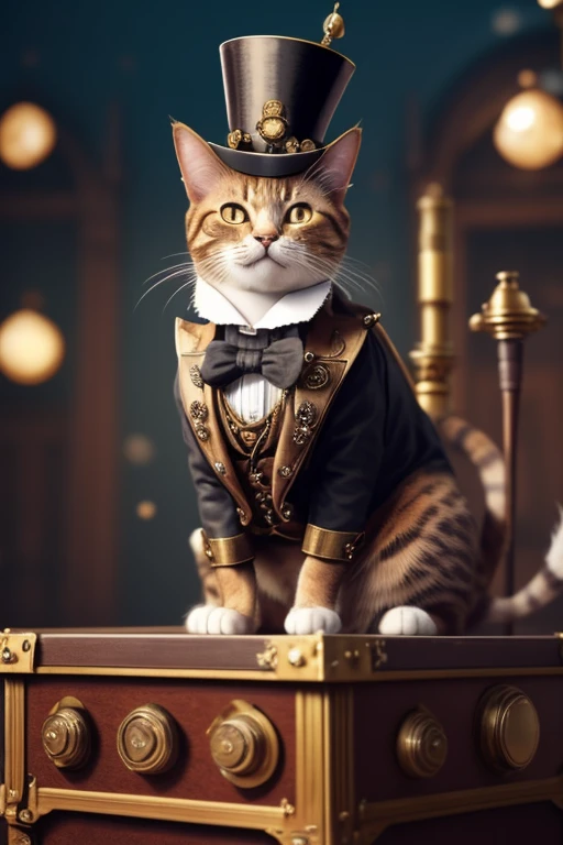 Cat with a top-hat, Victorian era charm, steampunk style clothing, sitting on a podium next to a microphone ready to give a speech, name is Sir Meowsalot, confetti in air