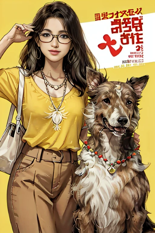  Collie dog magazine cover with Hawaiian floral style open unbuttoned t-shirt, wearing seed necklace around neck, wearing 3-glasses art fold, melhor qualidade, , ar livre, 