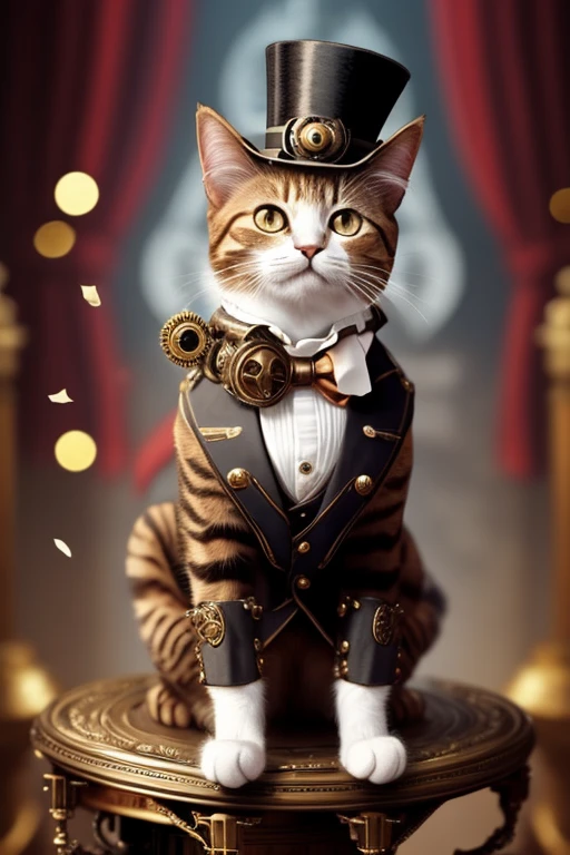 Cat with a top-hat, Victorian era charm, steampunk style clothing, sitting on a podium next to a microphone ready to give a speech, name is Sir Meowsalot, confetti in air