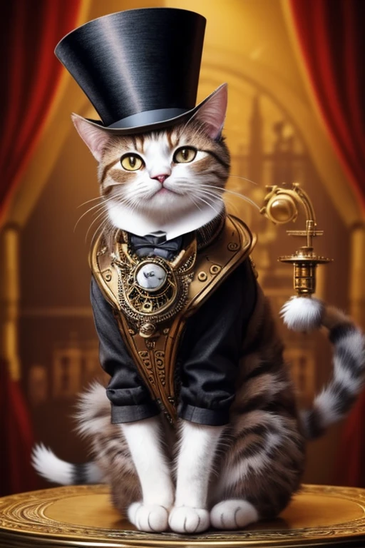 Cat with a top-hat, Victorian era charm, steampunk style clothing, sitting on a podium next to a microphone ready to give a speech, name is Sir Meowsalot, confetti in air