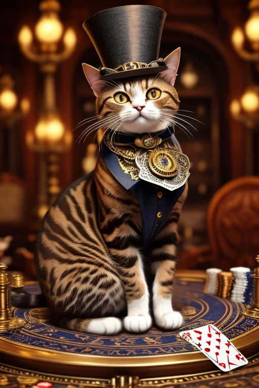 Cat with a top-hat, Victorian era charm, steampunk style clothing, sitting on a poker table dealing cards, name is Sir Meowsalot, confetti in air