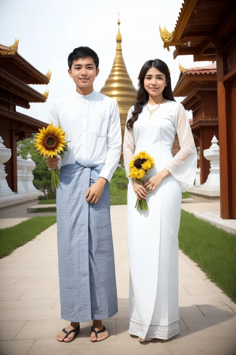 A young man and beautiful lady are standing in front of Shwedagon pagoda.They are wearing similar Myanmar Traditional outfit, longyi, Tanaka's within holding up sunflower vases.They are cutely acting and different posing.