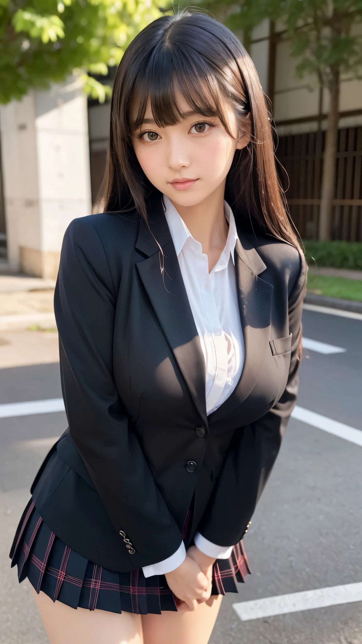 ((best quality)), ((muste piece)), (detailed breasts), (highlight), perfect face、Young girl highlighting large breasts with detailed face、Long, thick, glossy, beautiful black hair with blunt bangs、solid color background、Standing student council president wearing blazer and miniskirt school uniform Japanese high school girl