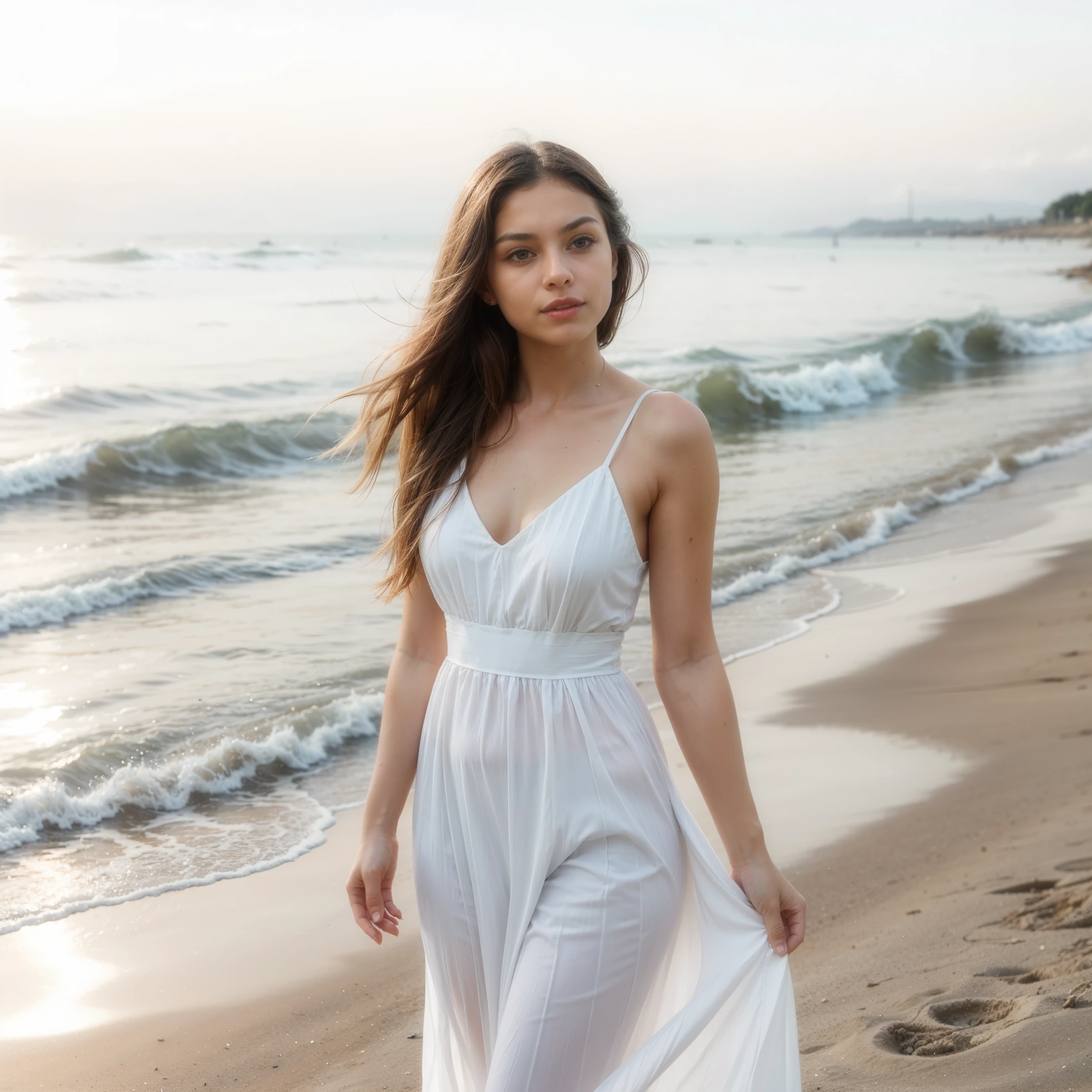 1 girl,kawaii,Detailed face,looking at the audience,focus,masterpiece,best quality, high resolution,8k,complex,elegant,Very detailed,Dynamic lightingBREAKLong hair flows elegantly in the gentle sea breeze,The fading sunlight casts warmth, The ethereal light in the scene. She wears a flowing, Light-colored dress that flutters in the wind. Waves in the background gently kiss the shore, There is a sense of tranquility in the air. The overall atmosphere should evoke a sense of serenity and beauty