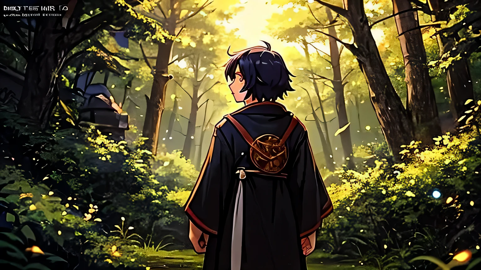 Create a detailed illustration of an anime character from an epic fantasy story.,  chico joven de aspecto noble con cabello oscuro y ojos penetrantes. He wears a unique robe that reflects his connection to the Stone of Destiny.., that must radiate a mystical light, that the character is in a forest and is seen exploring the forest