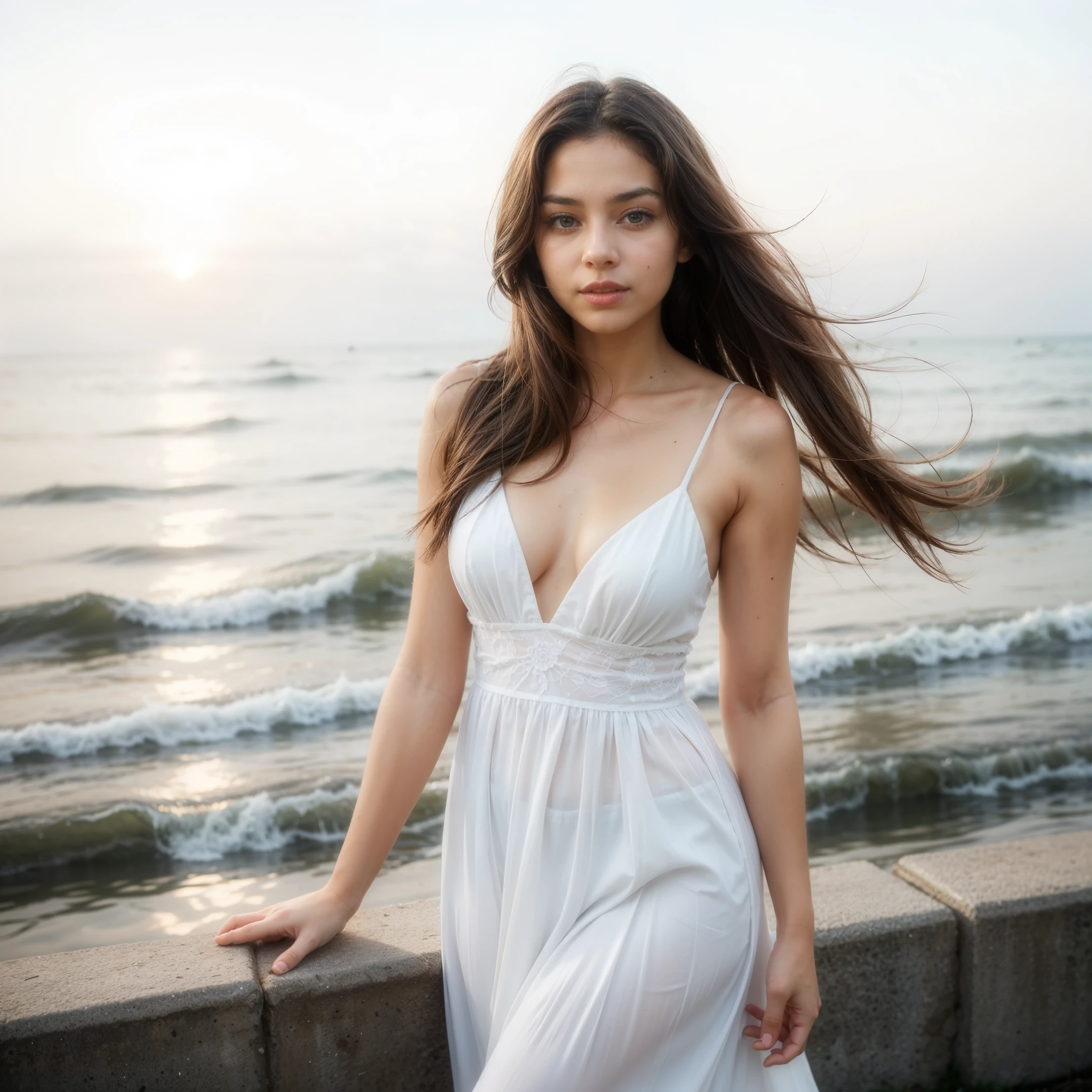 1 girl,kawaii,Detailed face,looking at the audience,focus,masterpiece,best quality, high resolution,8k,complex,elegant,Very detailed,Dynamic lightingBREAKLong hair flows elegantly in the gentle sea breeze,The fading sunlight casts warmth, The ethereal light in the scene. She wears a flowing, Light-colored dress that flutters in the wind. Waves in the background gently kiss the shore, There is a sense of tranquility in the air. The overall atmosphere should evoke a sense of serenity and beauty