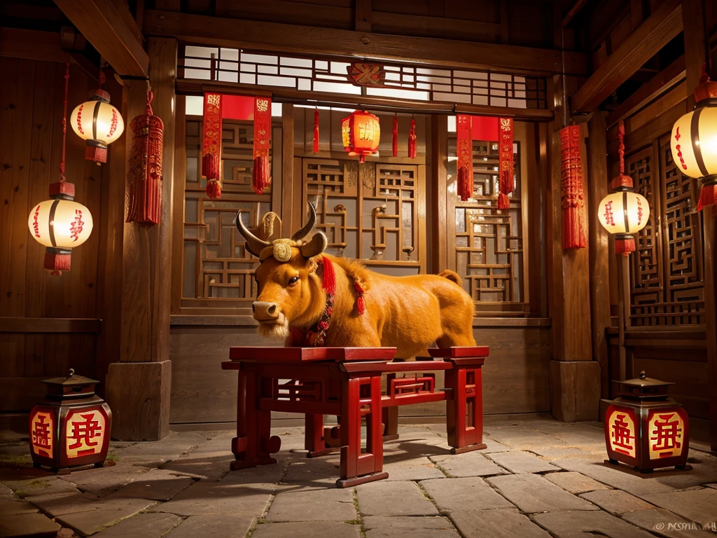 Create a Chinese New Year themed wallpaper,Highlight the elements of the Year of the Ox,With a fusion of traditional and modern atmosphere。Please include the following elements:Red as the main color,A cute mascot for the Year of the Ox,Traditional Chinese style elements(Ruhong couplet、The word "福"、Red lanterns, etc),and incorporate modern design elements,Make the whole picture full of joy、Unique and full of New Year atmosphere。