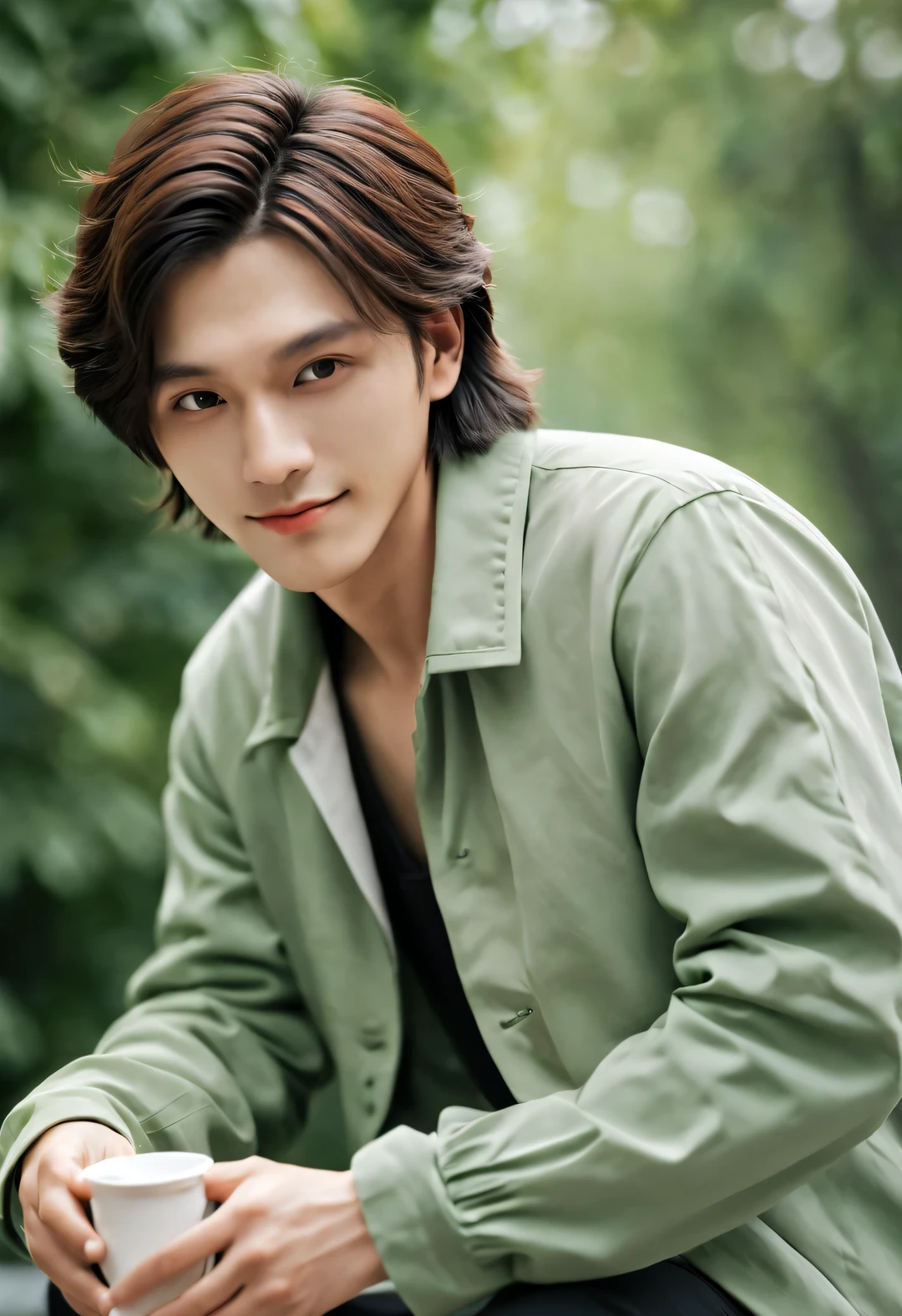 (male character design), whole body, Staring at the camera,
(Chinese handsome boy Song Yu is drinking coffee), (thick curly short hair: 1.1), (curls), (Wearing a modern and stylish light green jacket), Song Yu's facial features are correct, His face is symmetrical, His eyebrows are long and thick, slightly raised, Gives people a sense of confidence and persistence. His eyes were bright and vibrant, Like a star, Revealing a kind of wisdom and agility. His nose was straight,Does not protrude, It gives a noble temperament, His lips are red and plump, Slightly upturned, Give people a kind of tenderness、friendly feeling. The entire face has smooth lines, perfect as a sculpture. His lips are red and plump, Slightly upturned, Give people a kind of tenderness、friendly feeling. His smile is bright and natural, show kindness、Tolerant attitude. The lines of his lips are soft and smooth, Like delicate rose petals. As far as skin is concerned, Song Yi’s skin is fair and delicate, Smooth as white jade,No wrinkles, young as a boy. His skin exudes health、radiant scent, Gives people a fresh and pure feeling. His cheeks flushed slightly, A hint of astringency and cuteness,
HD, high quality, HD Analysis, 32k, Surrealism,