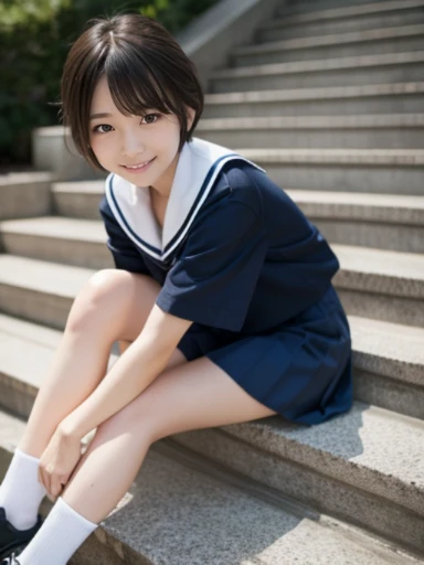 muste piece, Top quality, 8K, , japanese girl, slender, Raw photo, absurd, award-winning portraits, (detailed face, shy smile), solo, School uniform, sailor uniform, short sleeve, idol face, super mini skirt, short socks, slim legs, shoes, whole body shot from the bottom of the stairs, whole body shot from a Low - Angle, detailed face), refreshing shy smile, slender girl, Golden short-cut hair, dark eyes, whole body, digital single lens reflex, look at the viewer, Frank, sophisticated, like々New, perfect whole body balance, (Low - Angle), professional lighting, (Eye and face details: 1.0), (It's blurry: 1.1)