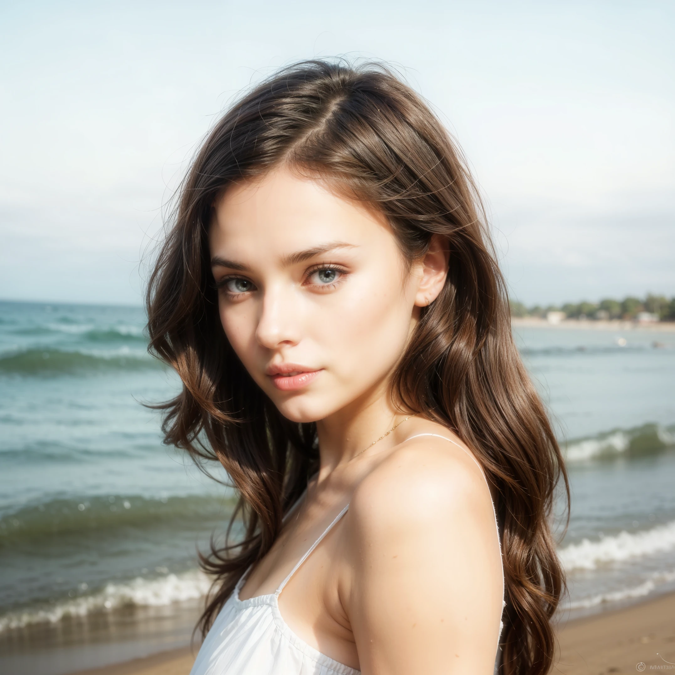 1 girl,kawaii,Detailed face,looking at the audience,focus,masterpiece,best quality, high resolution,8k,complex,elegant,Very detailed,Dynamic lightingBREAKLong hair flows elegantly in the gentle sea breeze,The fading sunlight casts warmth, The ethereal light in the scene. She wears a flowing, Light-colored dress that flutters in the wind. Waves in the background gently kiss the shore, There is a sense of tranquility in the air. The overall atmosphere should evoke a sense of serenity and beauty