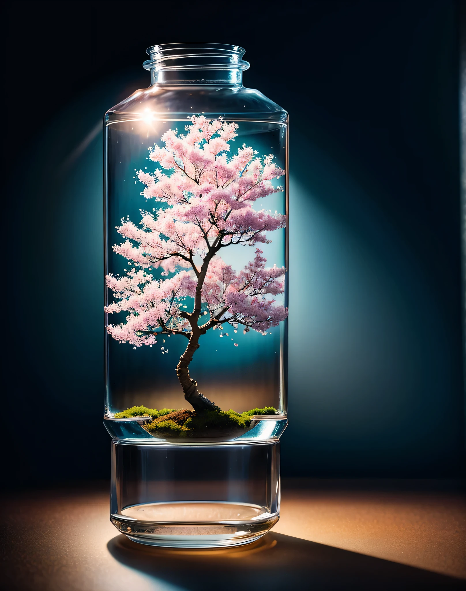 sakura tree in a bottle, fluffy, realistic, atmospheric light refraction, by lee jeffries nikon d850 film stock photograph 4 kodak portra 400 camera f1.6 lens rich colors hyper realistic lifelike texture dramatic lighting unreal engine trending on artstation cinestill 800, Style-Glass