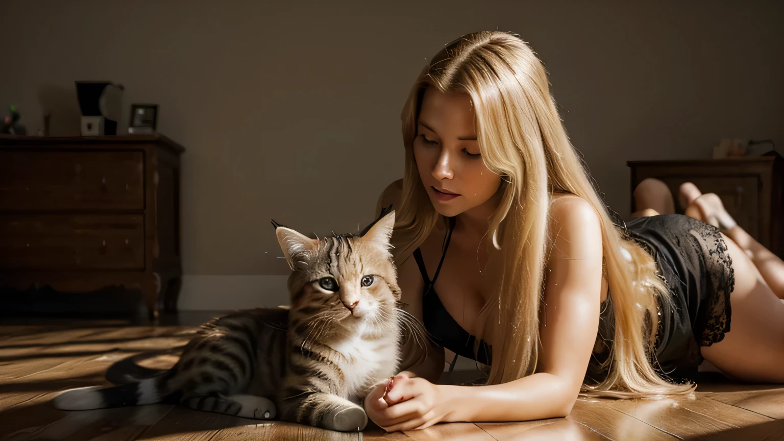 Uma foto perfeita de uma mulher loira de cabelos compridos brincando com um gatinho, (melhor qualidade, fotorrealista, hiper-realista,  ultra realista), HDR, 8k resolution, high resolution, alto detalhe,