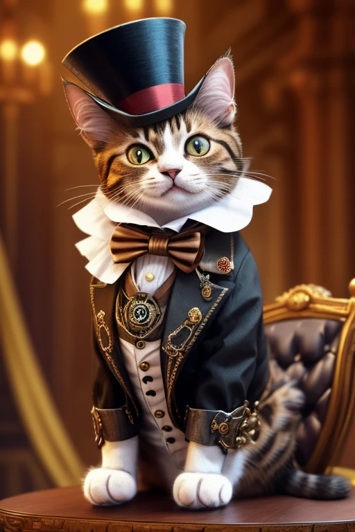 Cat with a top-hat over one ear, Victorian era charm, steampunk style clothing, sitting on a podium next to a microphone ready to give a speech, name is Sir Meowsalot, confetti in air, smiling