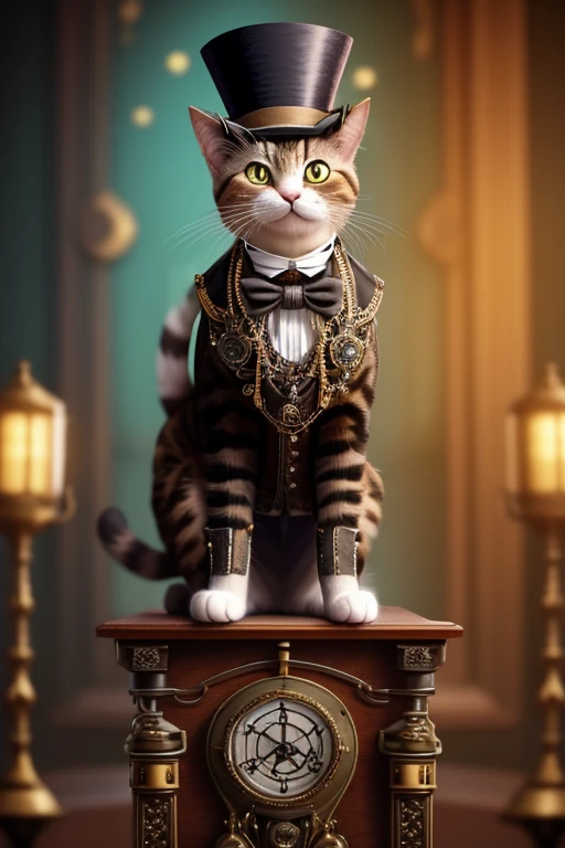 Cat with a top-hat over one ear, Victorian era charm, steampunk style clothing, sitting on a podium next to a microphone ready to give a speech, name is Sir Meowsalot, confetti in air, smiling
