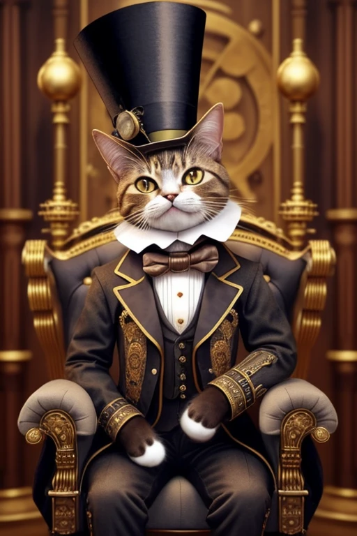 Cat with a top-hat over one ear, Victorian era charm, steampunk style clothing, sitting on a podium next to a microphone ready to give a speech, name is Sir Meowsalot, confetti in air, smiling