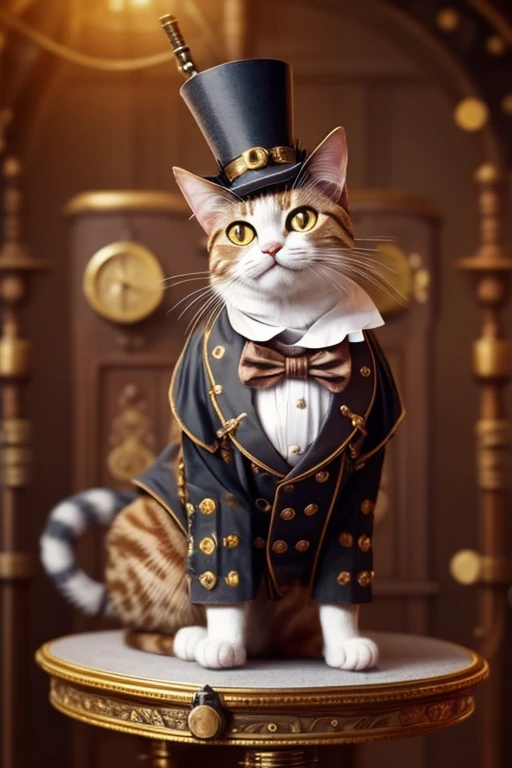 Cat with a top-hat over one ear, Victorian era charm, steampunk style clothing, sitting on a podium next to a microphone ready to give a speech, name is Sir Meowsalot, confetti in air, smiling