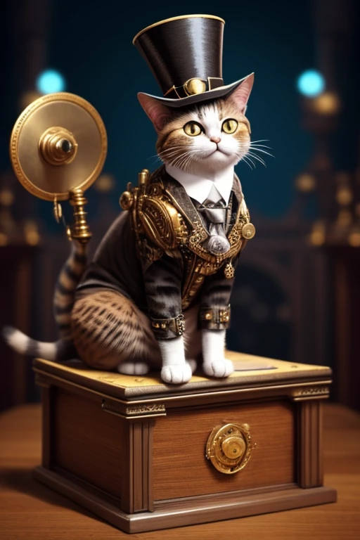 Cat with a top-hat over one ear, Victorian era charm, steampunk style clothing, sitting on a podium next to a microphone ready to give a speech, name is Sir Meowsalot, confetti in air, smiling