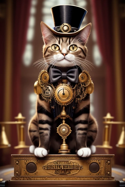 Cat with a top-hat over one ear, Victorian era charm, steampunk style clothing, sitting on a podium next to a microphone ready to give a speech, name is Sir Meowsalot, confetti in air, smiling