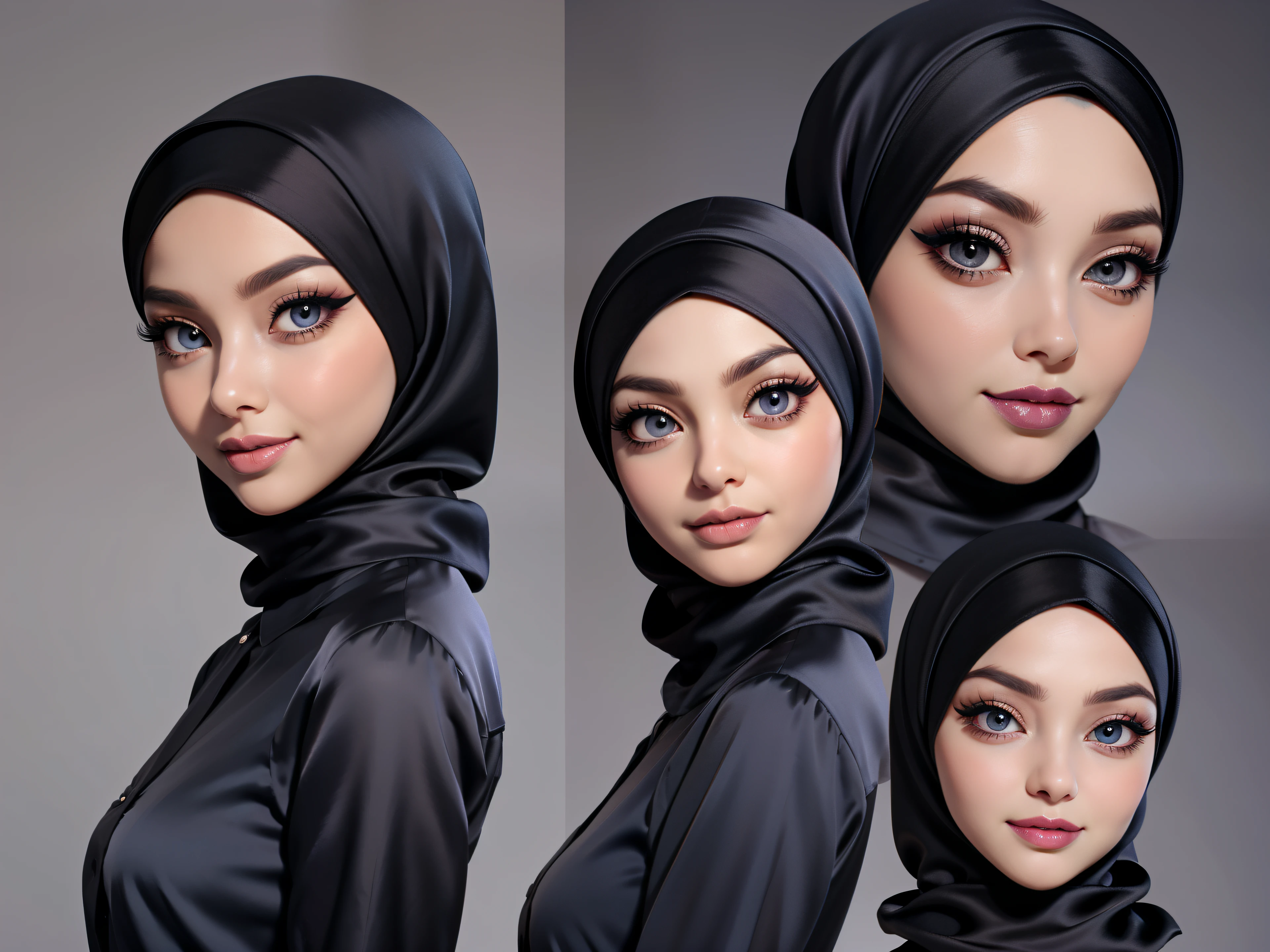 Character Design - a beautiful hijab girl character, beautifully makeup, eyeshadow, Parted Lips, detailed eyes, beautiful big eyes, long eye lashes, smile,. She's dresses (Black satin hijab)), loosely tide hijab style, ((Gray satin shirt)), Black satin long pario. (close up), front views