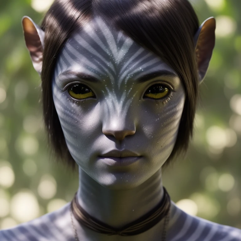 avtr:0.9, avatar style, portrait photo:1.6, 1girl:1, female, (asian, japanese), Rina Fukushi:1, gray skin color:1.0, (gray skin tone:1.3), (short hair:1.0), black hair color, (teen), teenage, wearing tribal clothing, wearing a top:1.3, wearing a loincloth, detailed eyes, toned body, muscled body, glowing, ethereal atmosphere, natural lighting, textured skin, otherworldly beauty, mesmerizing photography, (best quality, highres), vivid colors, ultrarealistic, skin details, striped skin, sfw, face close-up, (eyebrowless:1.0), ultradetailed body