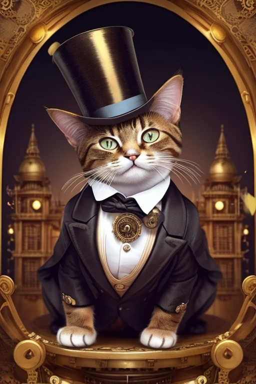 Cat with a top-hat over one ear, Victorian era charm, steampunk style clothing, dealing with the nuclear crisis, name is Sir Meowsalot, confetti in air, smiling