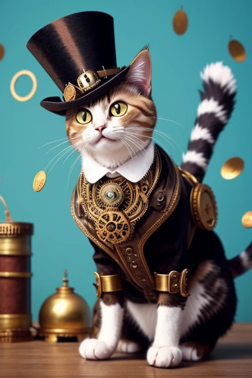Cat with a top-hat over one ear, Victorian era charm, steampunk style clothing, dealing with the nuclear crisis, name is Sir Meowsalot, confetti in air, smiling