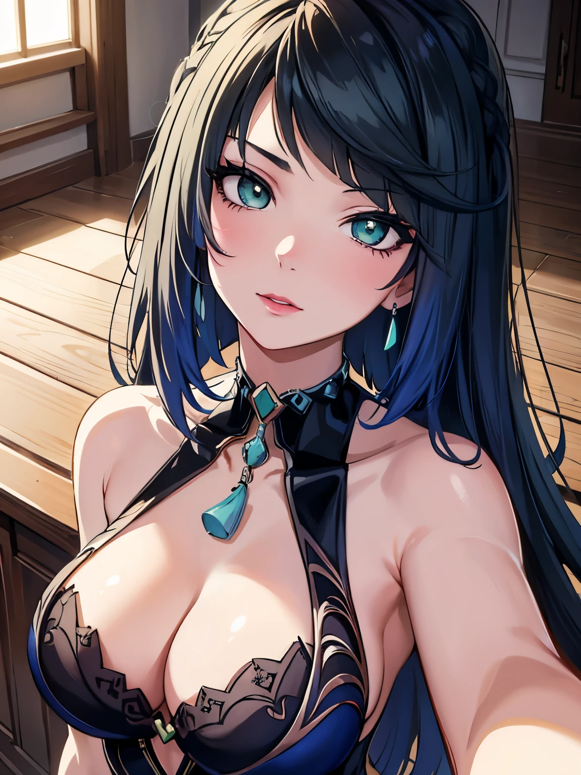perfect body, sensual cleavage, medium breasts, black suit, Girl applying lipstick in a sensual way, Ultra HD, 4k image, view of the character from above, best image quality, (fidelity: 1.4), light green globe eyes, eyelashes, pupils beautiful, shadows, slight blush, delicate facial features, reasonable facial features, bare shoulders exposed, waist exposed