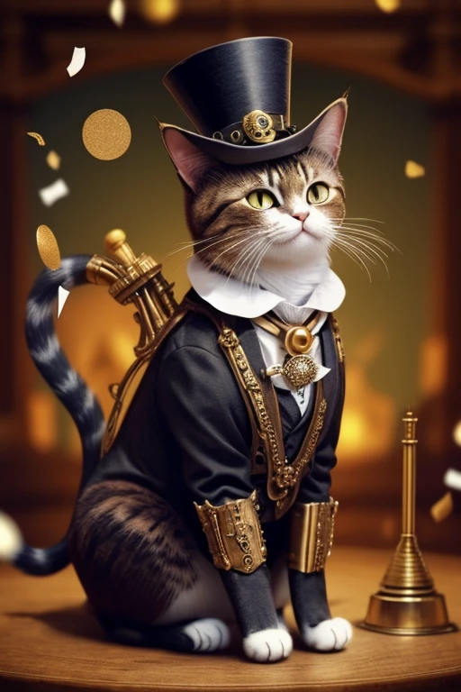 Cat with a top-hat over one ear, Victorian era charm, steampunk style clothing, agruing with board members over the nuclear crisis, name is Sir Meowsalot, confetti in air, angry