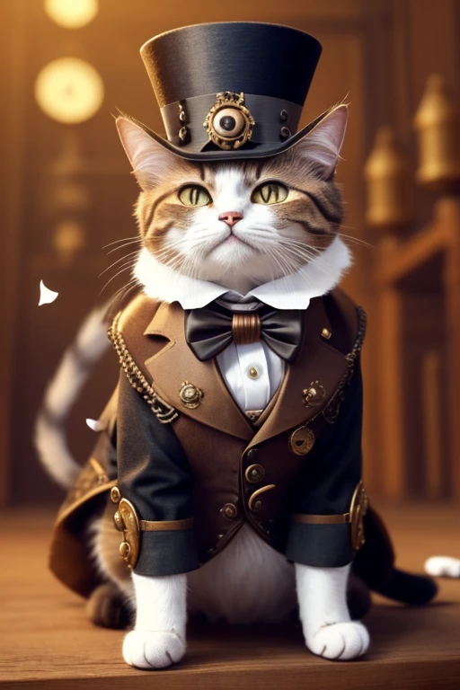 Cat with a top-hat over one ear, Victorian era charm, steampunk style clothing, agruing with board members over the nuclear crisis, name is Sir Meowsalot, confetti in air, angry