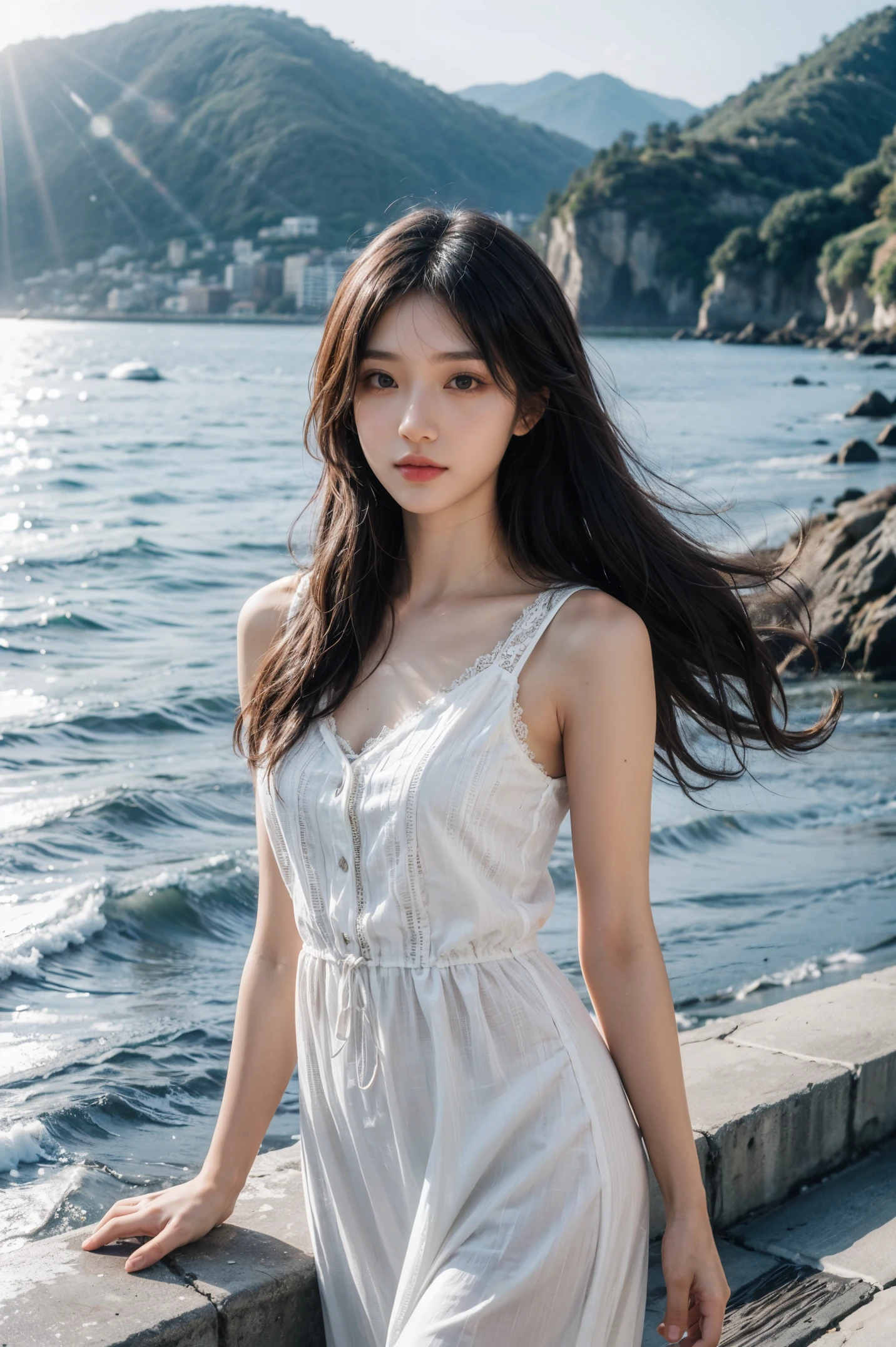 1 girl,kawaii,Detailed face,looking at the audience,focus,masterpiece,best quality, high resolution,8k,complex,elegant,Very detailed,Dynamic lightingBREAKLong hair flows elegantly in the gentle sea breeze,The fading sunlight casts warmth, The ethereal light in the scene. She wears a flowing, Light-colored dress that flutters in the wind. Waves in the background gently kiss the shore, There is a sense of tranquility in the air, The overall atmosphere should evoke a sense of serenity and beauty