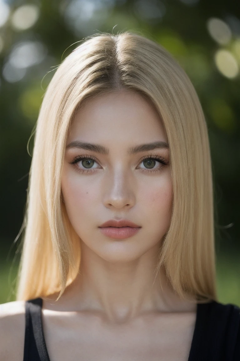 mujer rusa, edad 20, mirando de frente, rubia, del hombro para arriba, piel blanca, ojos verdes, nariz perfilada, labios rojos