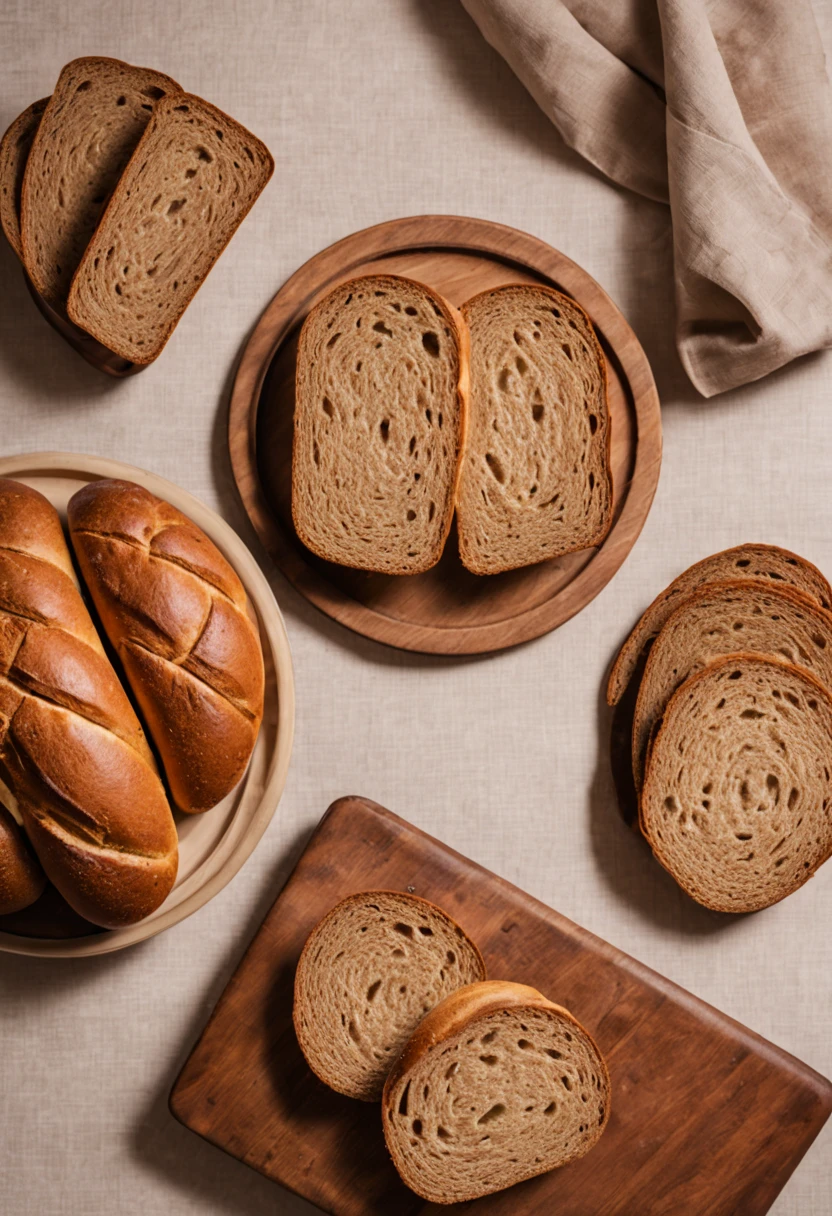 bread, loaves, bread on a table with a linen tablecloth, sliced wholemeal bread, bread with grain, slices