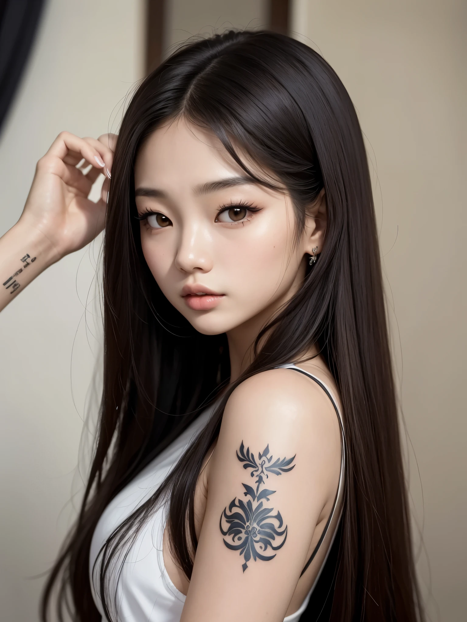 A closeup of a woman with long hair and a tattoo on her arm, Jennie coreana, Mulher sul-coreana bonita, korean face features, Beautiful Asian girl, asian features, linda Jennie coreana jovem, young adorable korean face, mulher coreana jovem bonita, Jennie Blackpink, south east asian with round face, maquiagem sul-coreana popular, Asian face, beautiful aesthetic face, maquiagem coreana popular