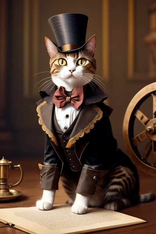 Cat with a top-hat over one ear, Victorian era charm, steampunk style clothing, arguing with suited people around a table, hissing angrily, name is Sir Meowsalot