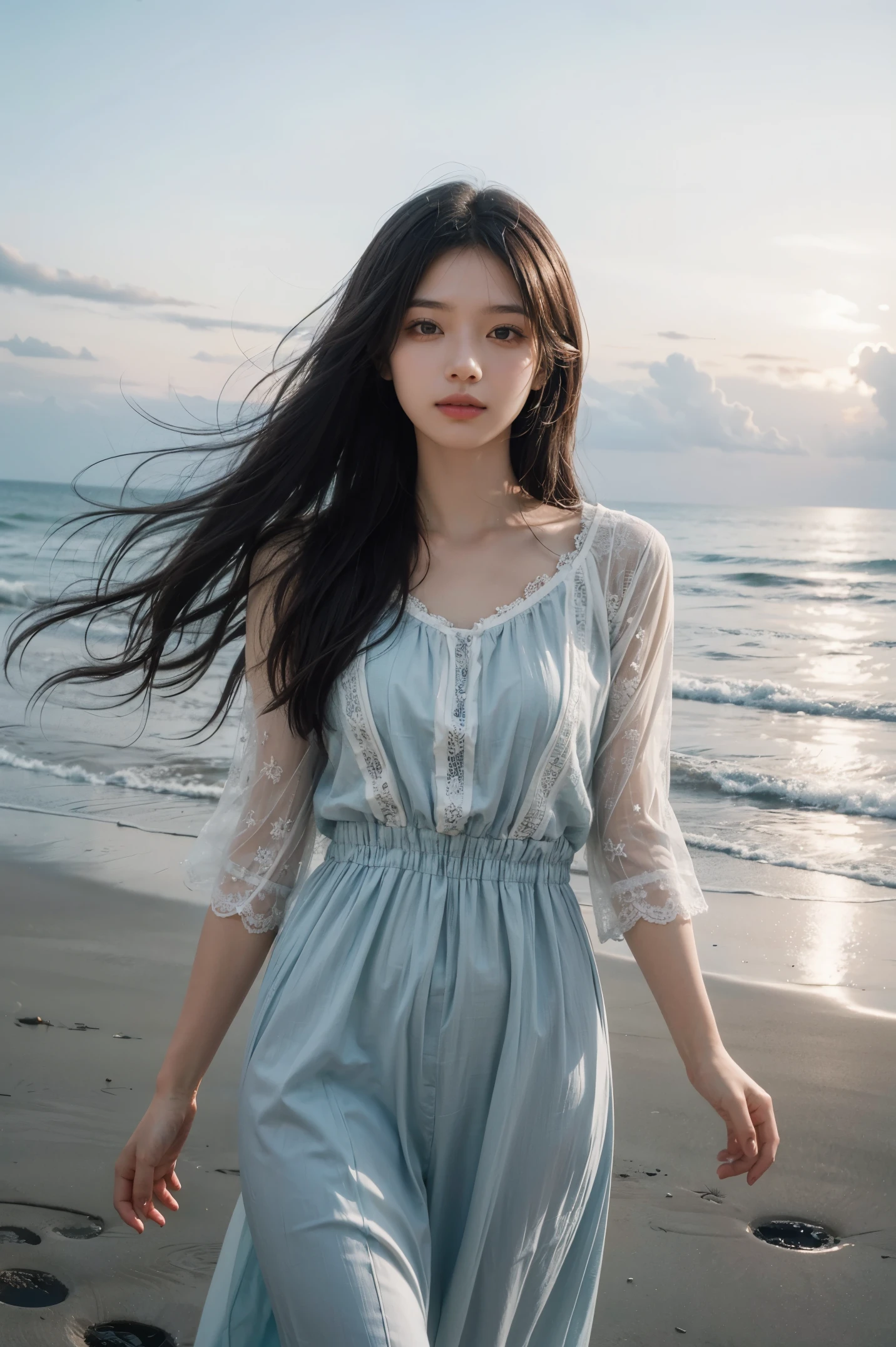 1 girl,kawaii,Detailed face,looking at the audience,focus,masterpiece,best quality, high resolution,8k,complex,elegant,Very detailed,Dynamic lightingBREAKLong hair flows elegantly in the gentle sea breeze,The fading sunlight casts warmth, The ethereal light in the scene. She wears a flowing, Light-colored dress that flutters in the wind. Waves in the background gently kiss the shore, There is a sense of tranquility in the air, The overall atmosphere should evoke a sense of serenity and beauty