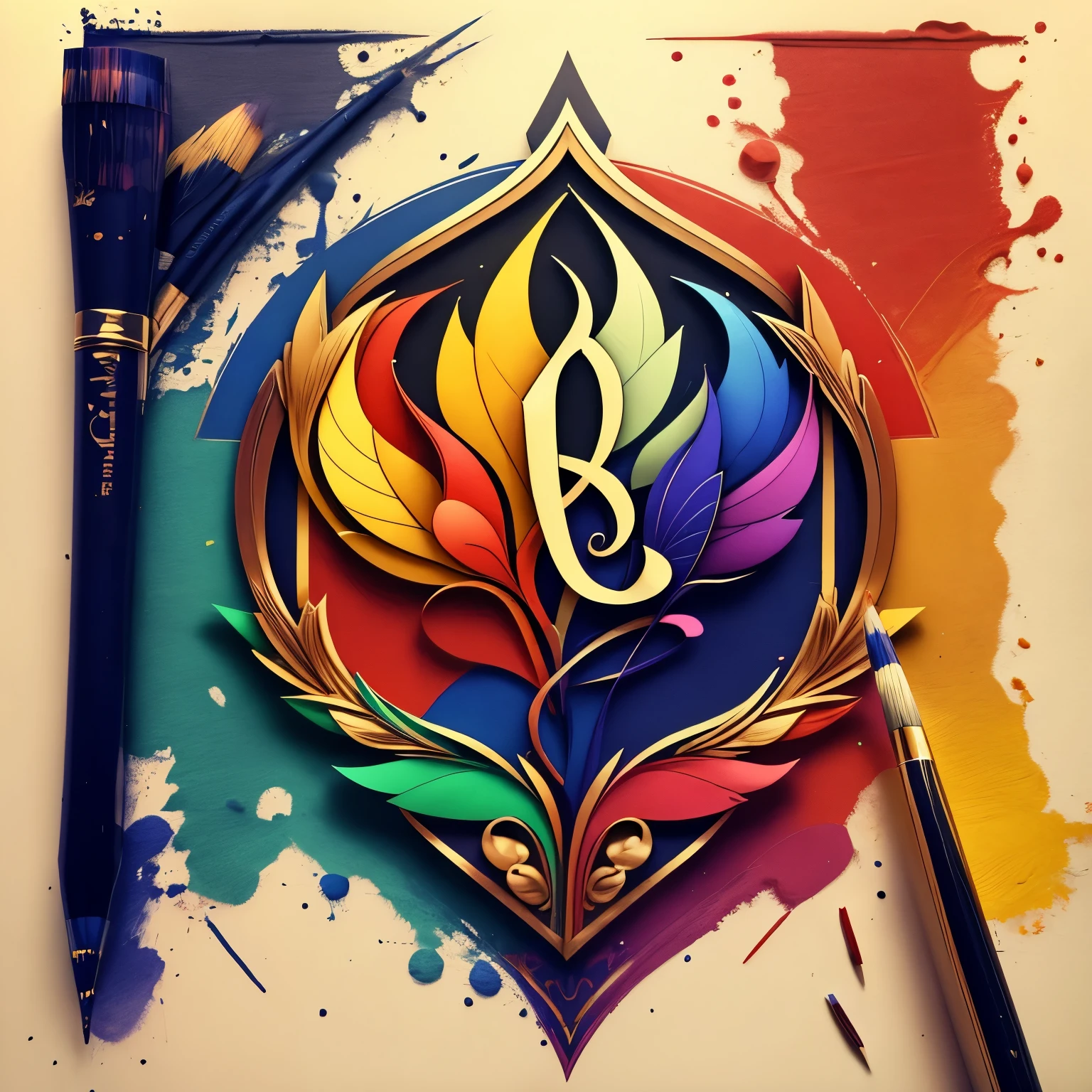 emblem of the art office, multicolored emblem, paints, music, pencils, creativity