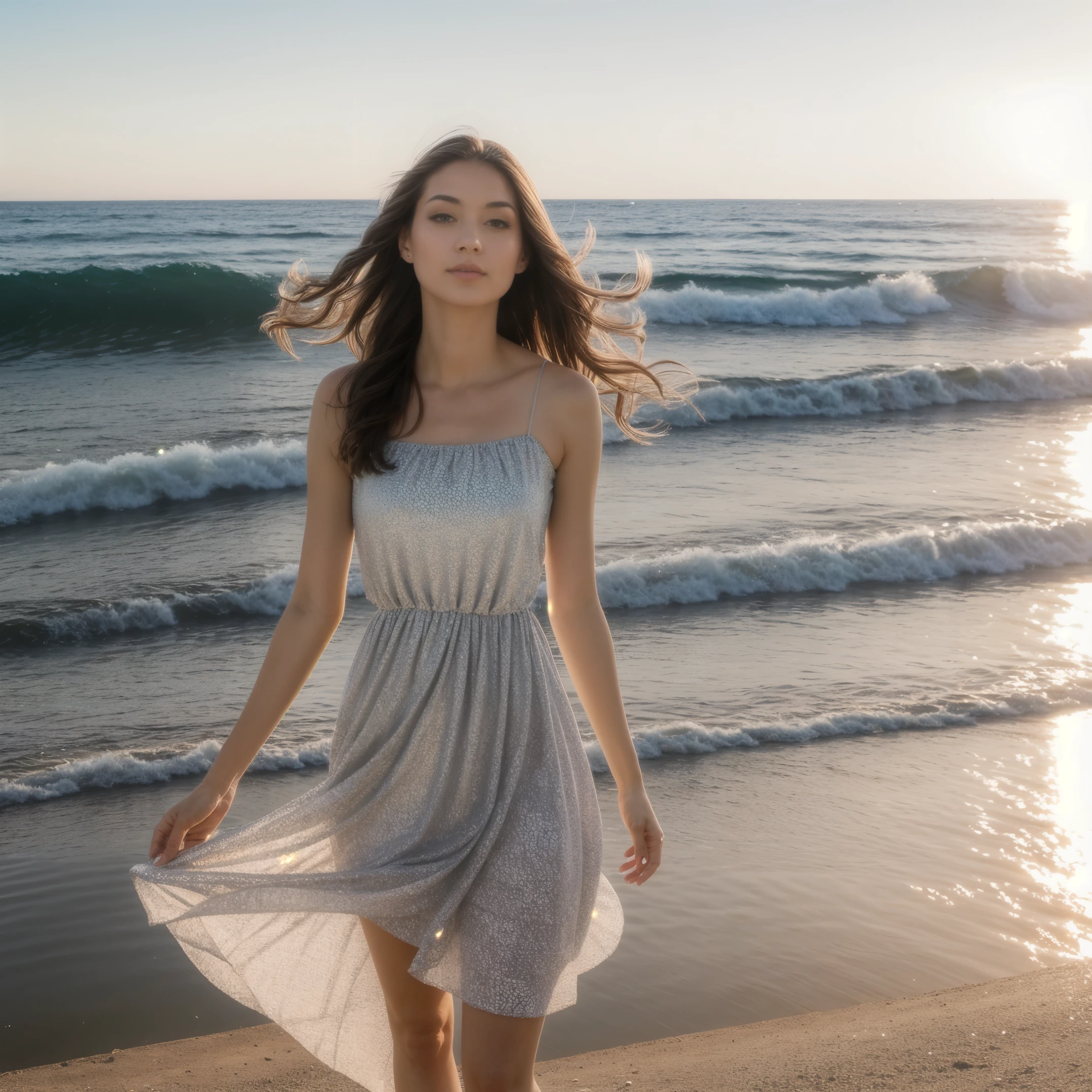 1 girl,kawaii,Detailed face,looking at the audience,focus,masterpiece,best quality, high resolution,8k,complex,elegant,Very detailed,Dynamic lightingBREAKLong hair flows elegantly in the gentle sea breeze,The fading sunlight casts warmth, The ethereal light in the scene. She wears a flowing, Light-colored dress that flutters in the wind. Waves in the background gently kiss the shore, There is a sense of tranquility in the air. The overall atmosphere should evoke a sense of serenity and beauty