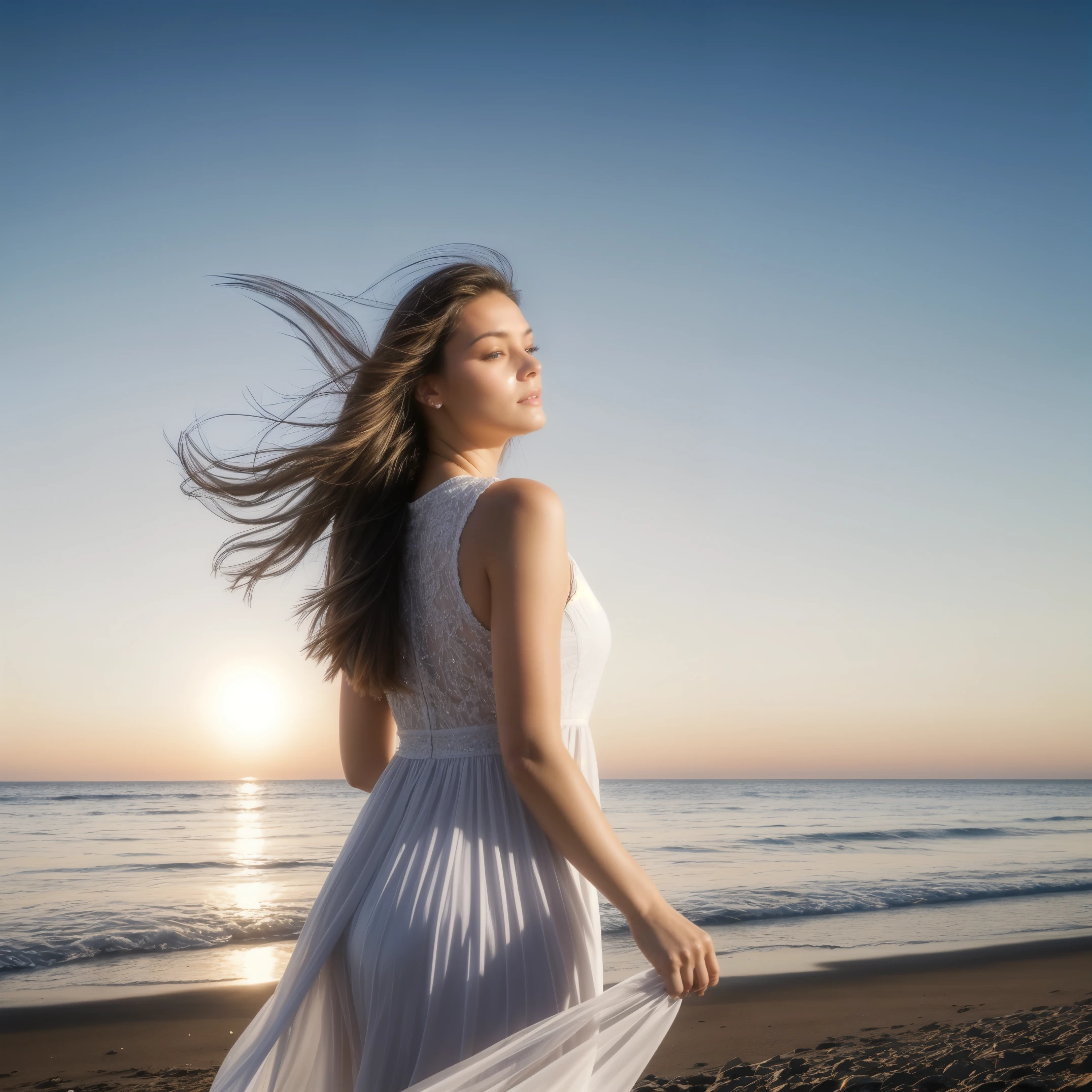 1 girl,kawaii,Detailed face,looking at the audience,focus,masterpiece,best quality, high resolution,8k,complex,elegant,Very detailed,Dynamic lightingBREAKLong hair flows elegantly in the gentle sea breeze,The fading sunlight casts warmth, The ethereal light in the scene. She wears a flowing, Light-colored dress that flutters in the wind. Waves in the background gently kiss the shore, There is a sense of tranquility in the air. The overall atmosphere should evoke a sense of serenity and beauty