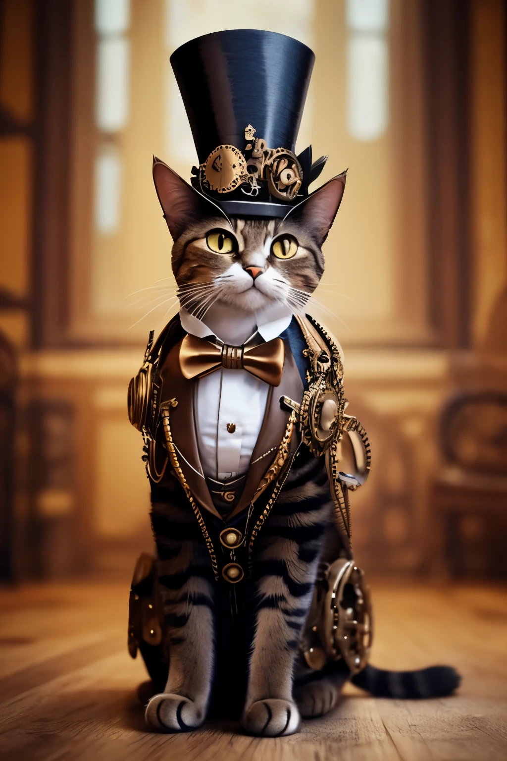 Cat with a top-hat, steampunk style clothing