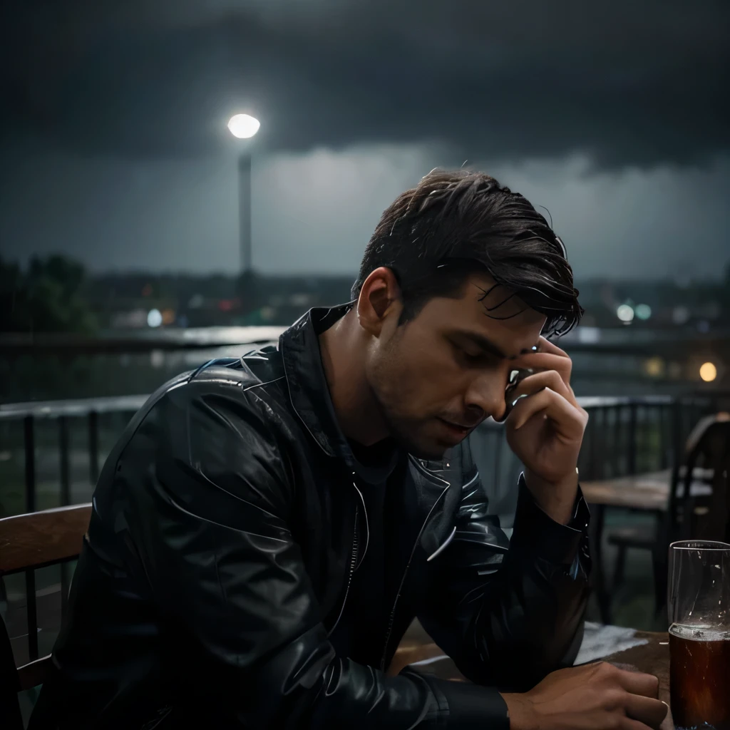 man sitting in a chair, drinking alcohol, table in front of him, night scenery, raining, outdoors, moonlight, short hair, depressed look, no buildings, heavy rain, no lights