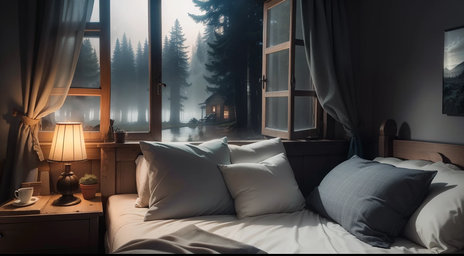night, stars in the dark night, Countryside, Over the bed in the shabby brown wooden house in the forest, the gray sheets and quilt covers, the tall trees outside the big window, angled focus on the window, pouring rain, The wind is howling, the air is full of steam mist, the wooden windows, the blanket, the wool rug, the film perspective, 8k, photography, high detail, detail, high quality shadow, realism