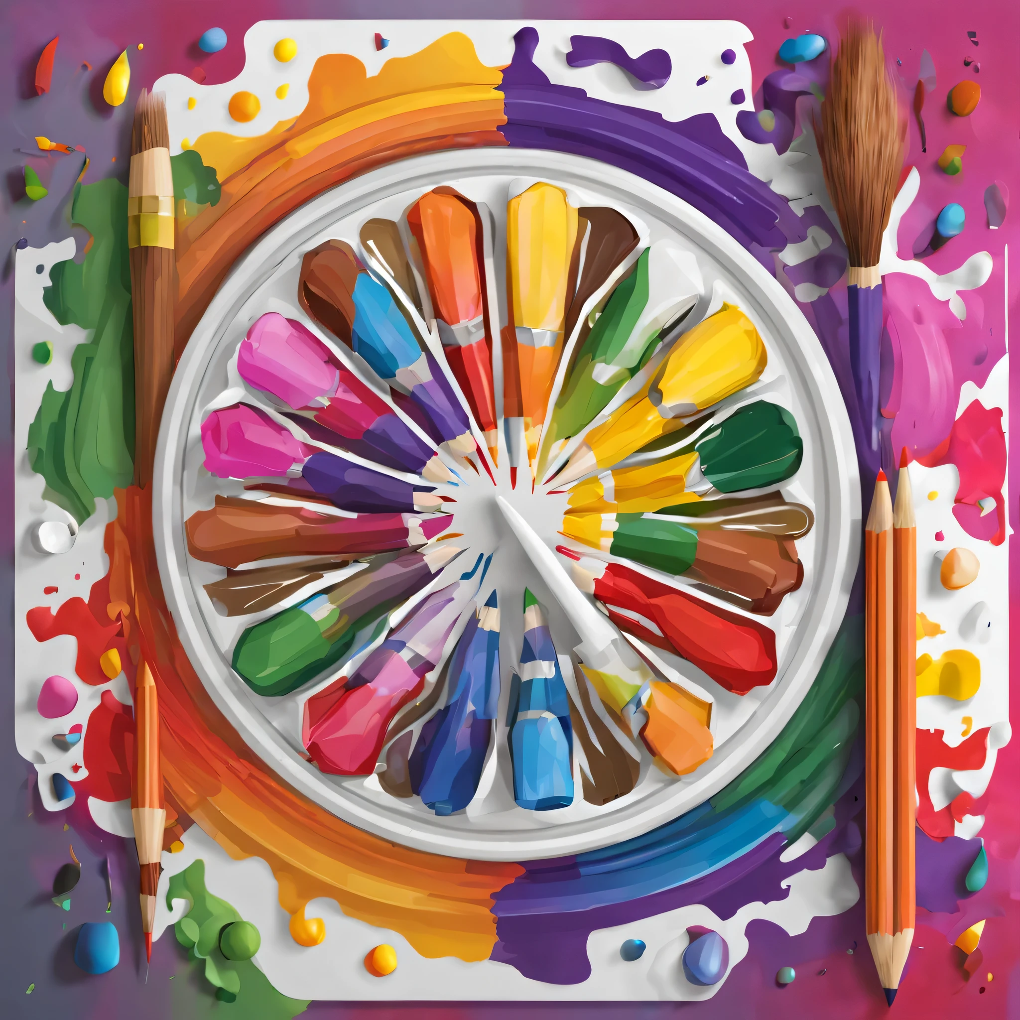 emblem of the art office, multicolored emblem, paints, music, pencils, creativity
